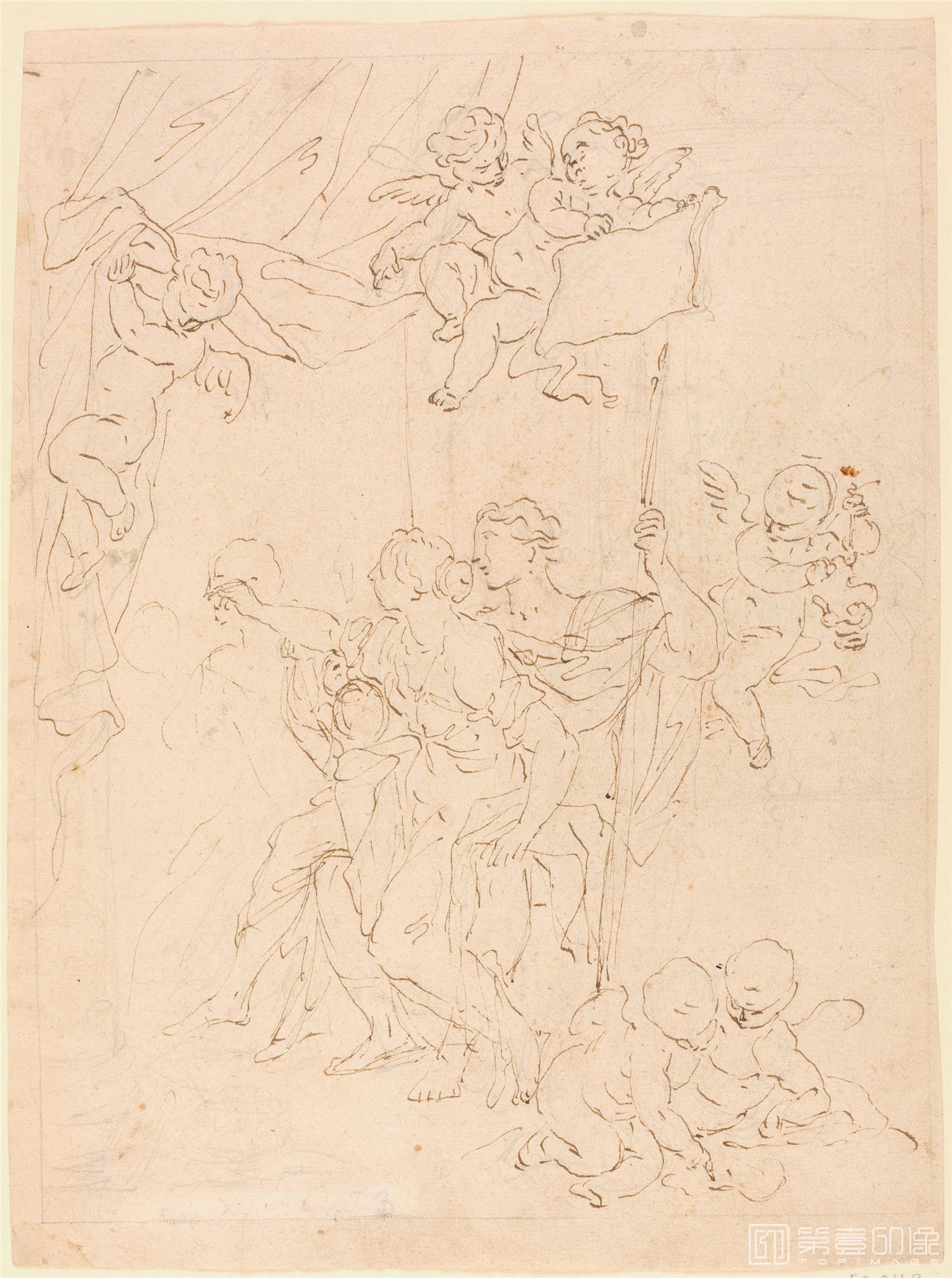 素描-西班牙普拉多美术馆素描藏画-Anonimo-Figura femenina pintando-0264